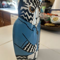 CATS by Nina Lyman Blue Ceramic Cat Golfer 9.5” Planter Vase