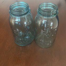 Two Vintage Blue Glass Quart Jars