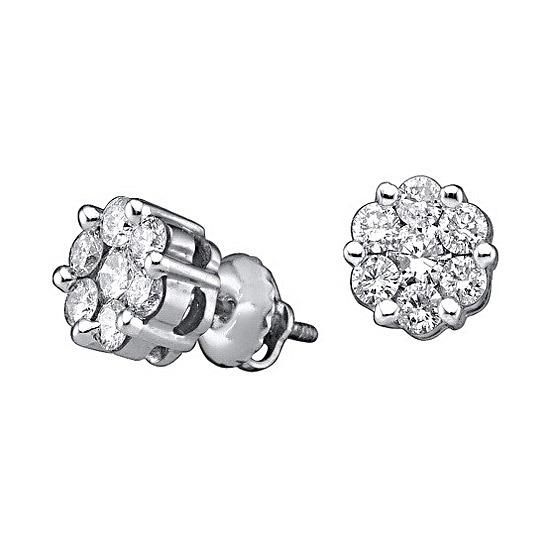 1.00 Ct ROUND CUT NATURAL DIAMOND 14K WHITE GOLD FLOWER LADIES EARRINGS