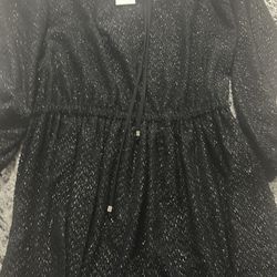 Michael Kors Small Dress Black Silver Sparkle Cinch Waist Long Sleeve