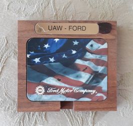 UAW Ford Motor Company Cosster Set Of 4 W/Wood Holder