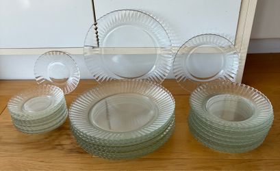 Glass plate set, 13-10” dinner plates, 16-7” salad plates, 13-5 1/2” appetizer/saucers. Total plates in set is 42. Buy all for $85.00.