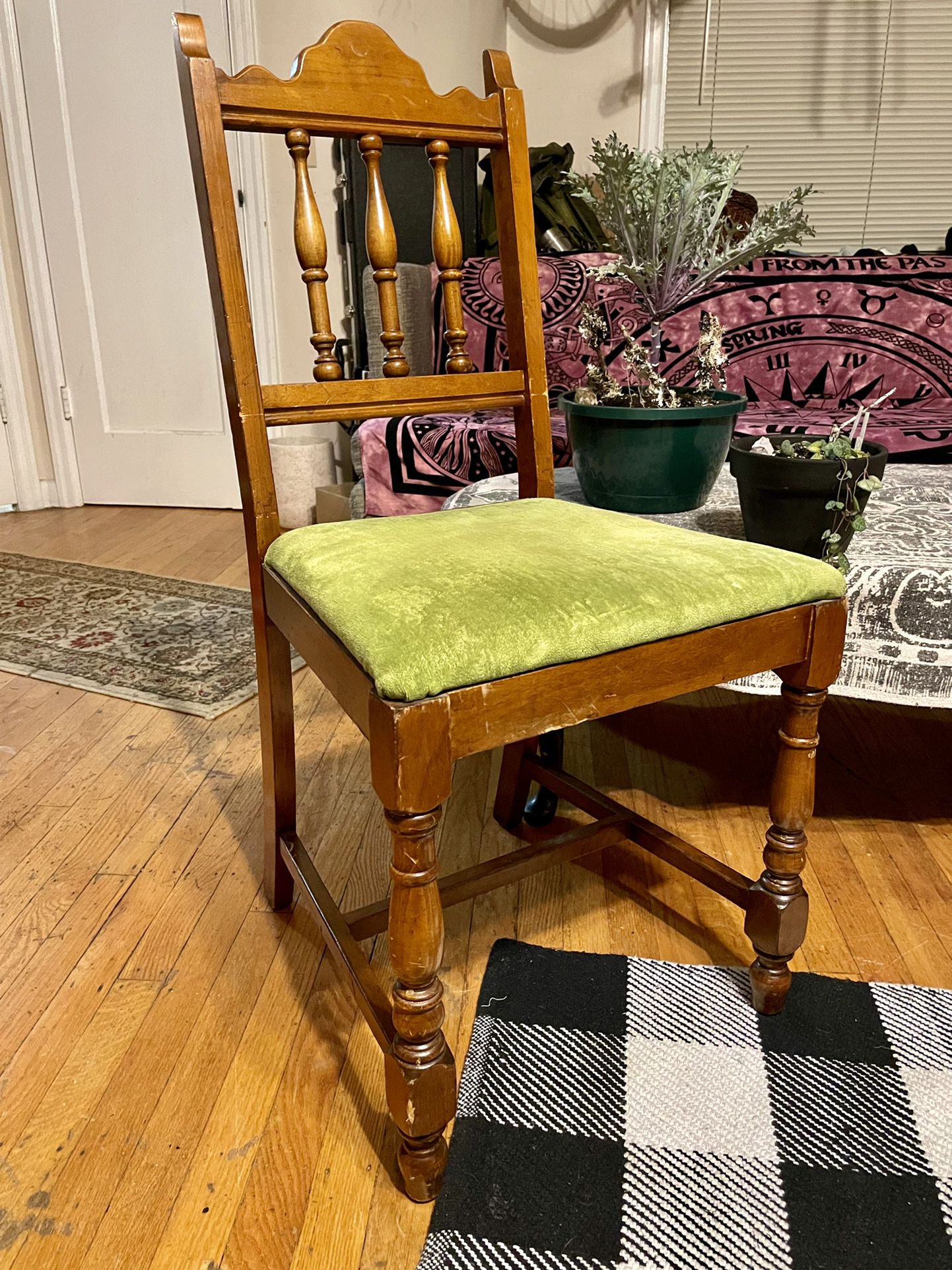 Vintage Chair With Green Velvet Pillow Seat 