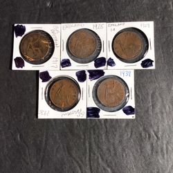 Lot Of 5 Vintage English Pennies 1917-1939