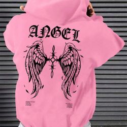 Pink Manfinity Men Wings & Letter Graphic Drawstring Hoodie.