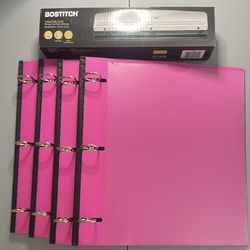 4pc Pink Binder + Hole Puncher For School Or Office.