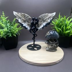 Natural UV reactive Volcano Agate Forbidden Love wings with stand 225 g 7“ x 6 1/2“ on stand, Mushroom carving 200 162 g 3.55 inches inches tall tall