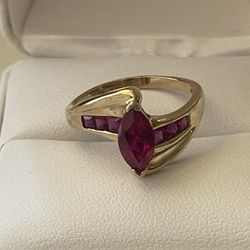 10K Yellow Gold Marquise Ruby Princess Cut Ruby Bypass Ring Size 8