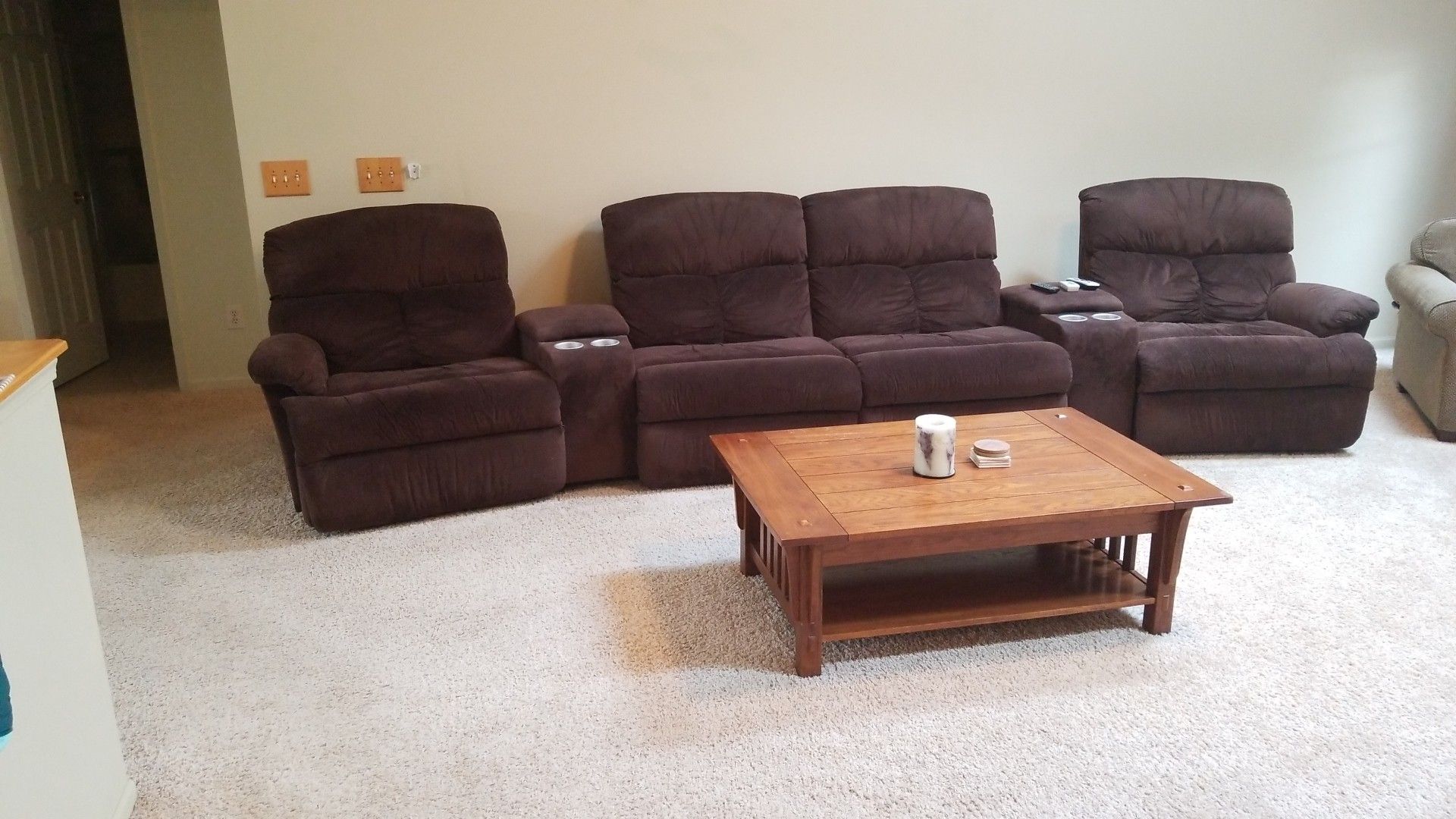 Theater seating. Flexsteel 4 recliner, chocolate brown vevet, with two