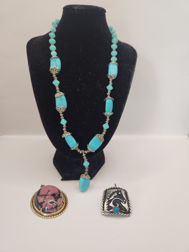 Lot Of 3 Turquoise And Rhonodite Jewelry