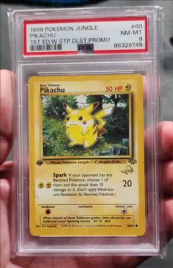 FS/NFT - PSA 8 - 1999 POKEMON PIKACHU FIRST EDITION BASE SET DUEL "W" GOLD STAMP #60