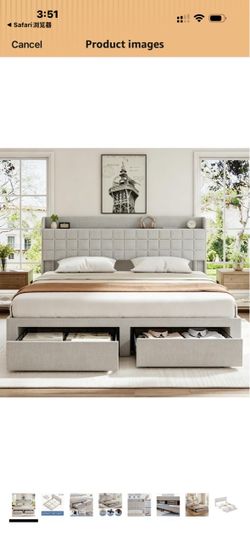 OLIXIS King Size Bed Frame, Upholstered Platform Bed Frame with Headboard King Size Bed Frame With Storage Drawers, with Headboard, Wood Bed Slats Sup