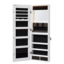 Mirror Jewelry Cabinet Armoire Organizer, Wall or Door Mount Storage Cabinet with Full-Length Frameless Lighted Mirror, Built-in Makeup M