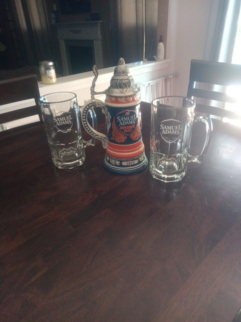 Sam Adams Stein And 2-32oz Beer Mugs