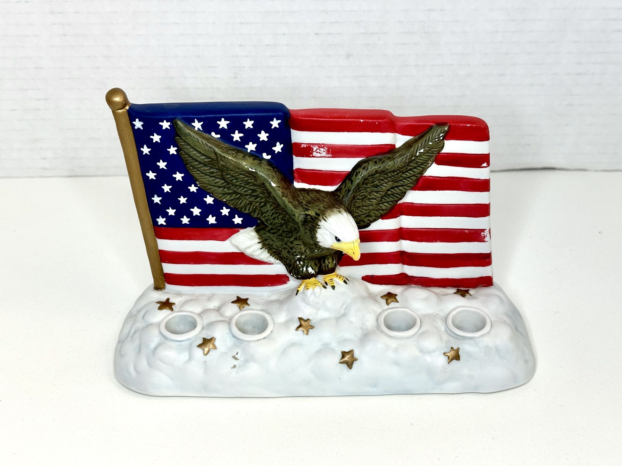 Vintage 1946 M.S.R. Imports Patriotic Eagle & American Flag Ceramic Taper Candle Holder