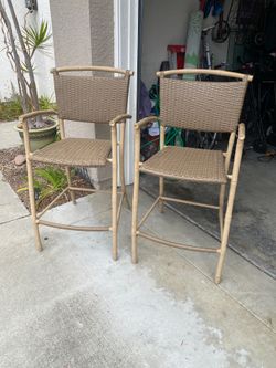 Faux Bamboo & Woven Wicker Outdoor Patio Bar Chairs