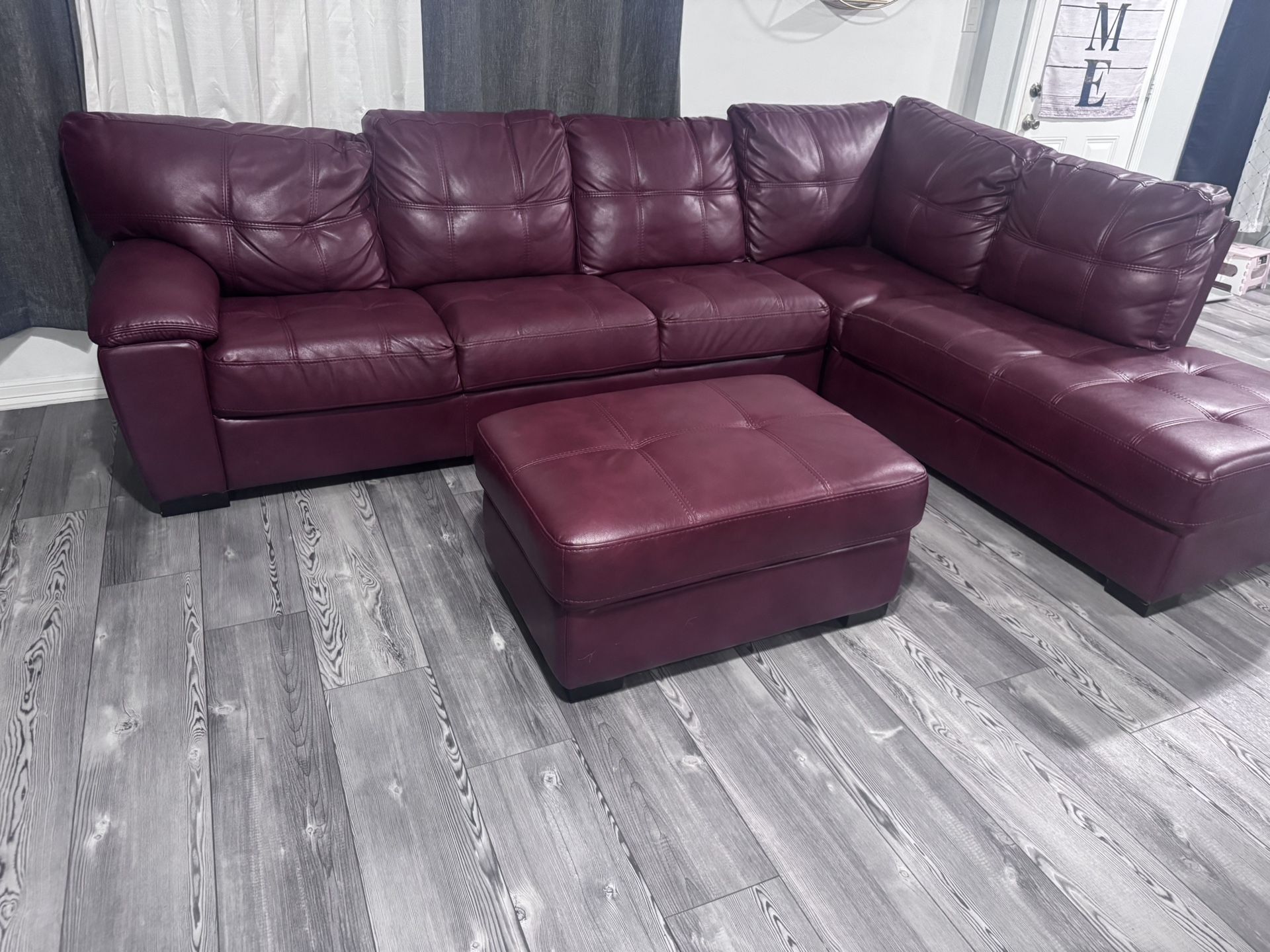 ✨ For Sale: Burgundy Faux Leather Sectional Sofa with Ottoman ✨(Cash only; serious buyers please)