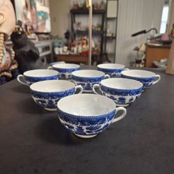 Vintage 1940's to 1950's Blue Willow Japan Genuine Lithopane Geisha Teacups With Geisha Figurals Inside Set Of 8 - Excellent Condition