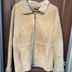 Guess Tan Suede Leather Jacket With Faux Fur  Lining 
