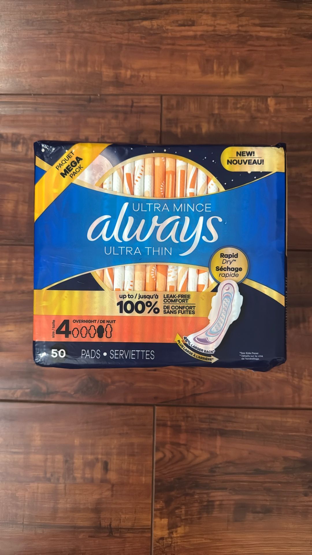 Always ULTRA THIN Pads With Wings:; Leak Free Comfort: Size 4; OVERNIGHT 50 Count