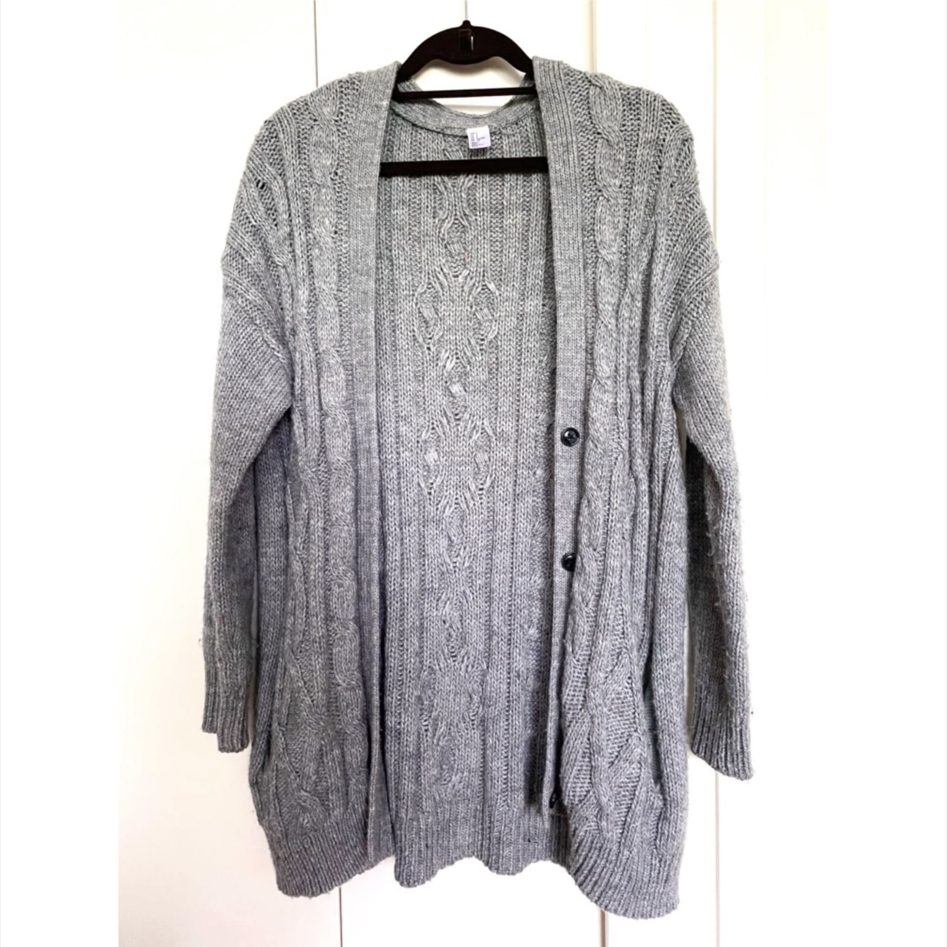 Gray Long Cable Knit Open Front Sweater with Buttons