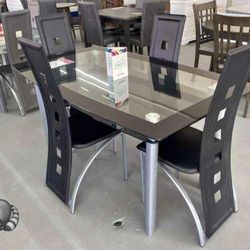 ACHO BLACK/GRAY GLASS-TOP DINING SETS TABLES AND 4 CHAİRS 