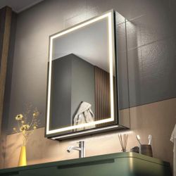 LED Lighted Bathroom Medicine Mirror Cabinet with Sockets & USBs, Anti-Fog Dimmable Light and Color Adjustment, Easy to Install Aluminum Cabinet (20 *