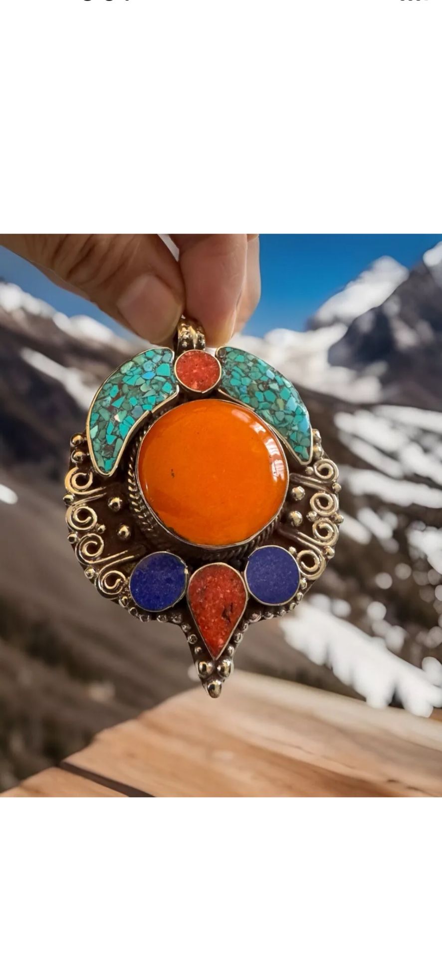 Vintage & Handcrafted Bird Theme Ethnic Tibetan Pendant Set in Tibetan silver & Amber Resin 74grams.