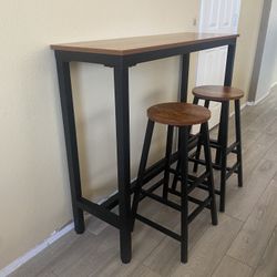 Dark wood High Bar Table/ Bench & 2 Stools