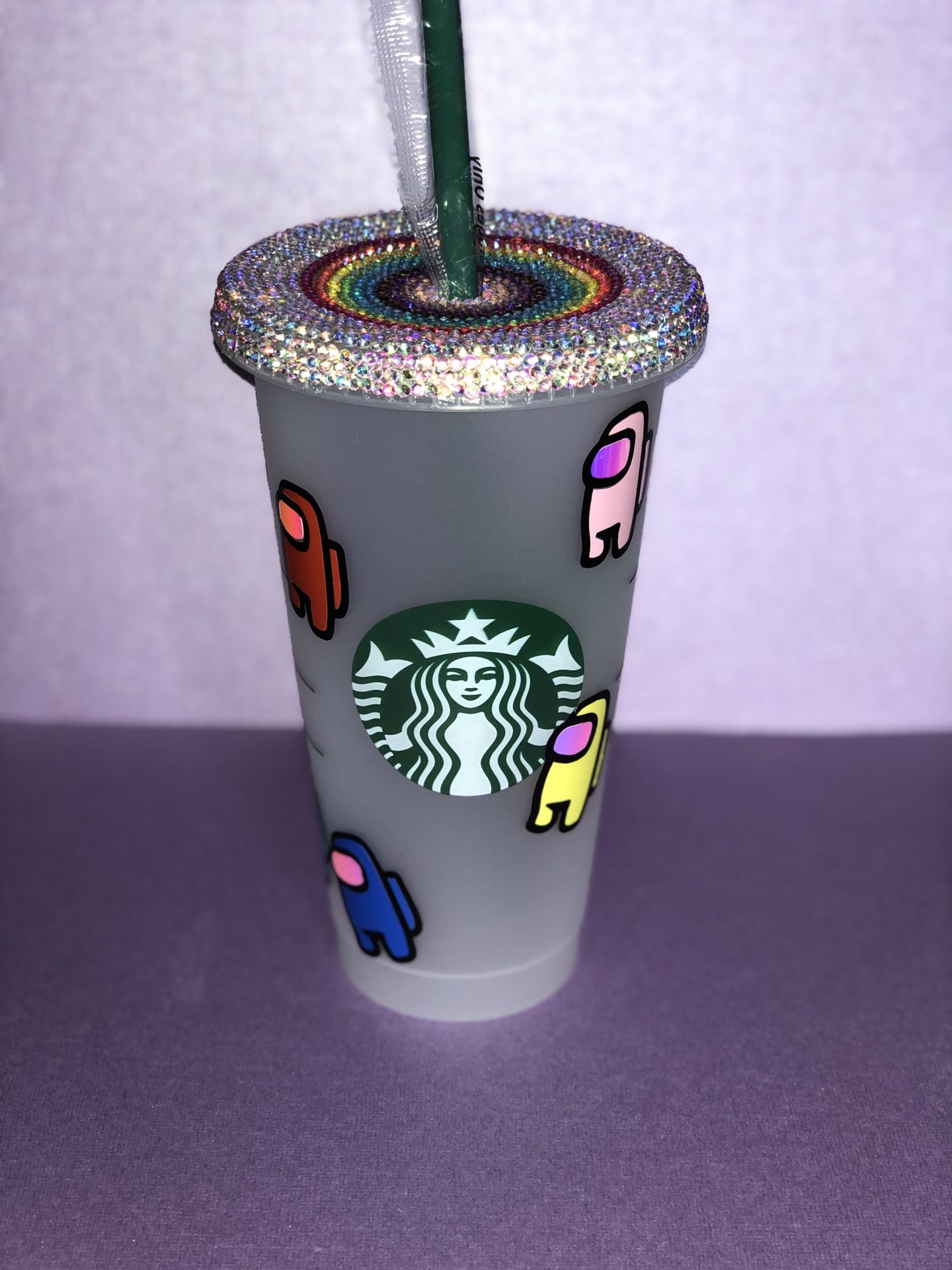 Among Us Starbucks cold cup with rainbow rhinestone/crystals lid
