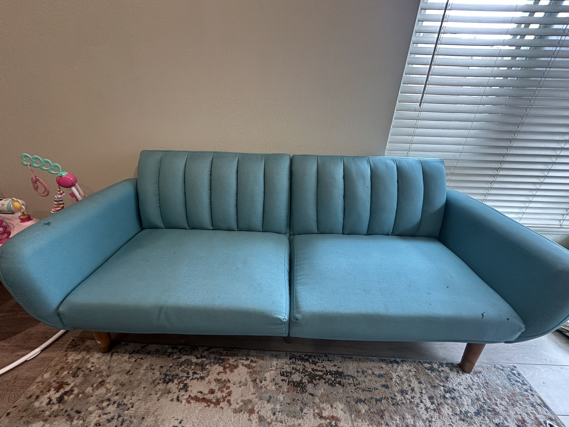 Convertible sofa, futon, day bed. Modern Teal Blue Couch
