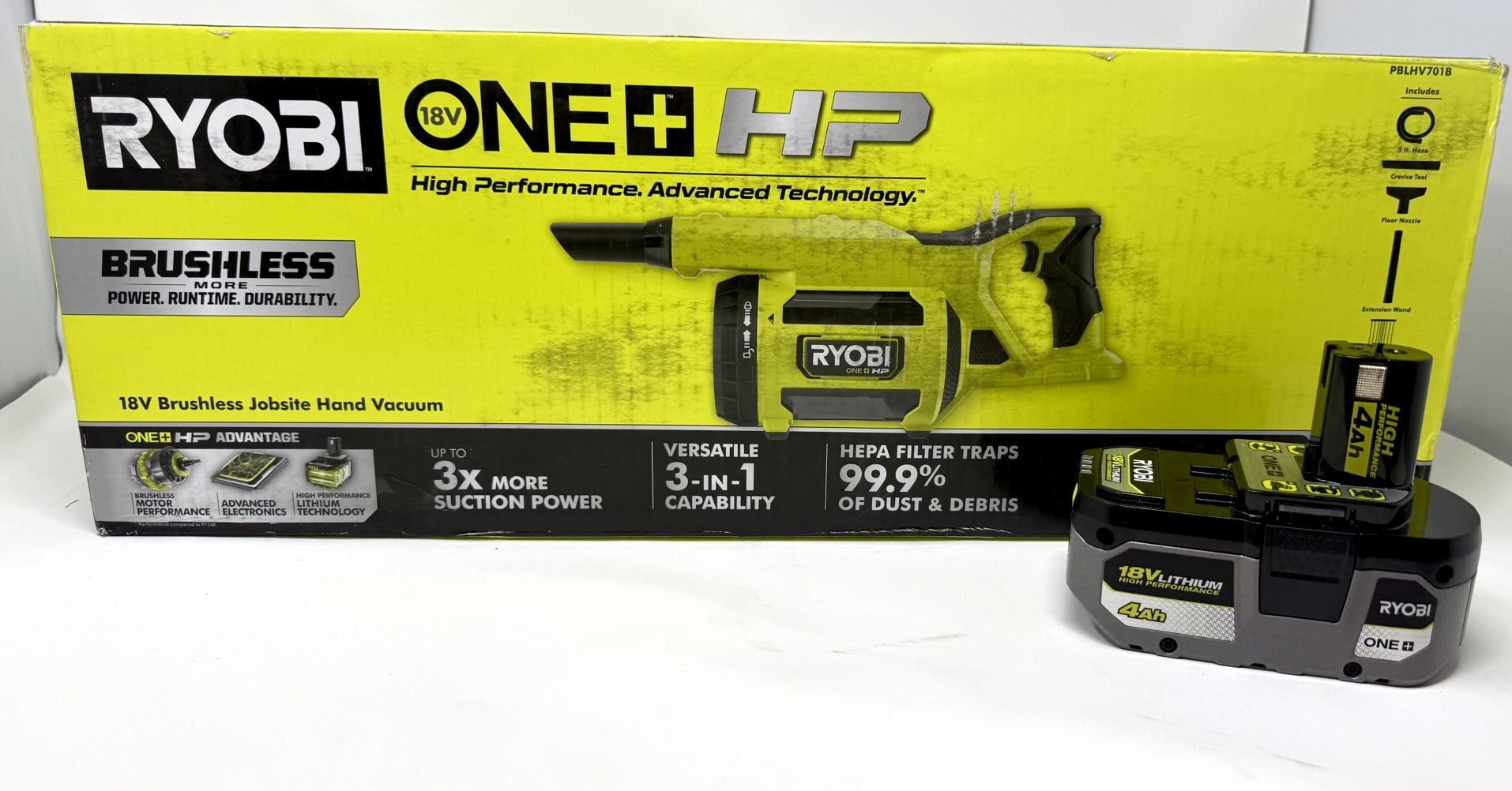 RYOBI HP 18V Brushless Cordless Jobsite Hand Vacuum PBLHV701B + 4.0Hp Battery