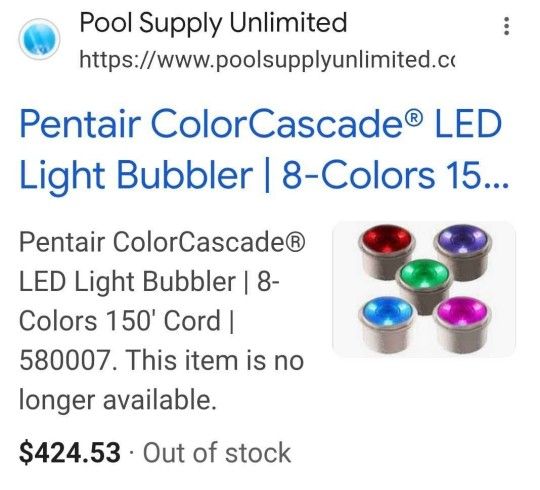 New in box Pentair ColorCascade® LED Light Bubbler | 8-Colors 150' Cord | 580007