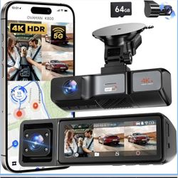 K800 4K+1080P+1080P 3 Channel Dash Cam, Dash Cam Front and Rear Inside, 5.8GHz WiFi Built-in GPS, Free 64GB Card, 3.2" IPS Screen Dash Camera for Cars
