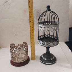 Decorative Birdcage & Bath Body Works Gold Pineapple Leaf Candle Holder Pedestal Wood Base