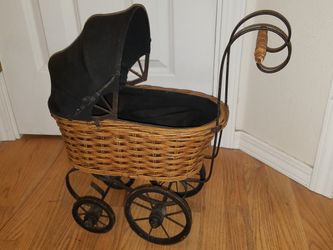 Antique Wicker Baby Doll Carriage with Canvas Canopy Top