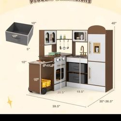 Corner Kitchen with Lights and Sounds Interactive Wooden Playset Toy Kitchen Set Brown
