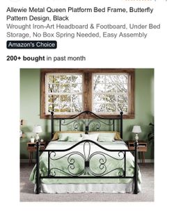 26) Allewie Metal Queen Platform Bed Frame, Butterfly Pattern Design, Black Wrought Iron-Art Headboard & Footboard, Under Bed Storage, No Box Spring N