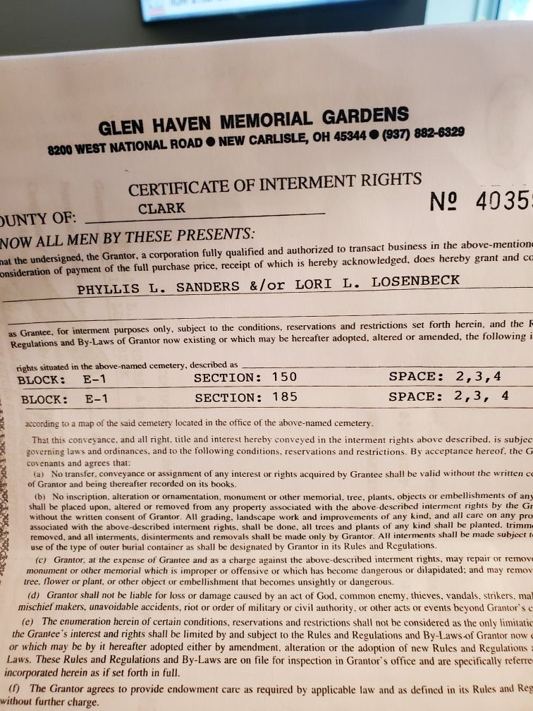 Cemetary Plots (6) Glen Haven Memorial Gardens