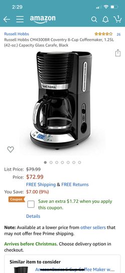 Russell Hobbs CM4300BR Coventry 8-Cup Coffeemaker, 1.25L (42-oz.) Capacity Glass Carafe, Black