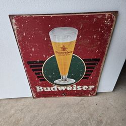 Vintage Budweiser Retro Anheuser-Busch Glass & Logo Tin Sign