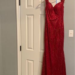 Red long Prom dress with glitter , sliver diamond belt