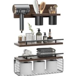 Bathroom Floating Shelves with Hair Dryer Holder and 2 Storage Cups, Set of 3, Rustic Brown
