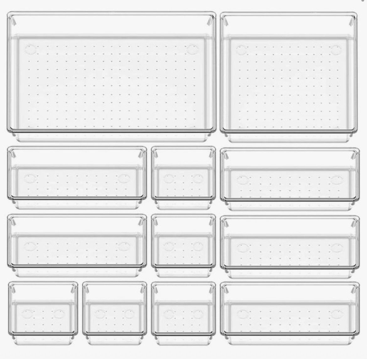 12pcs/Set Drawer Organizer, 4 Different Sizes Kitchen & Bathroom Drawer Storage Organizers, Clear Plastic Storage Bins For Makeup, Jewelry
