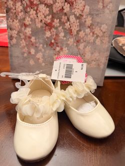Girls Ivory Patent Flats with Floral Strap