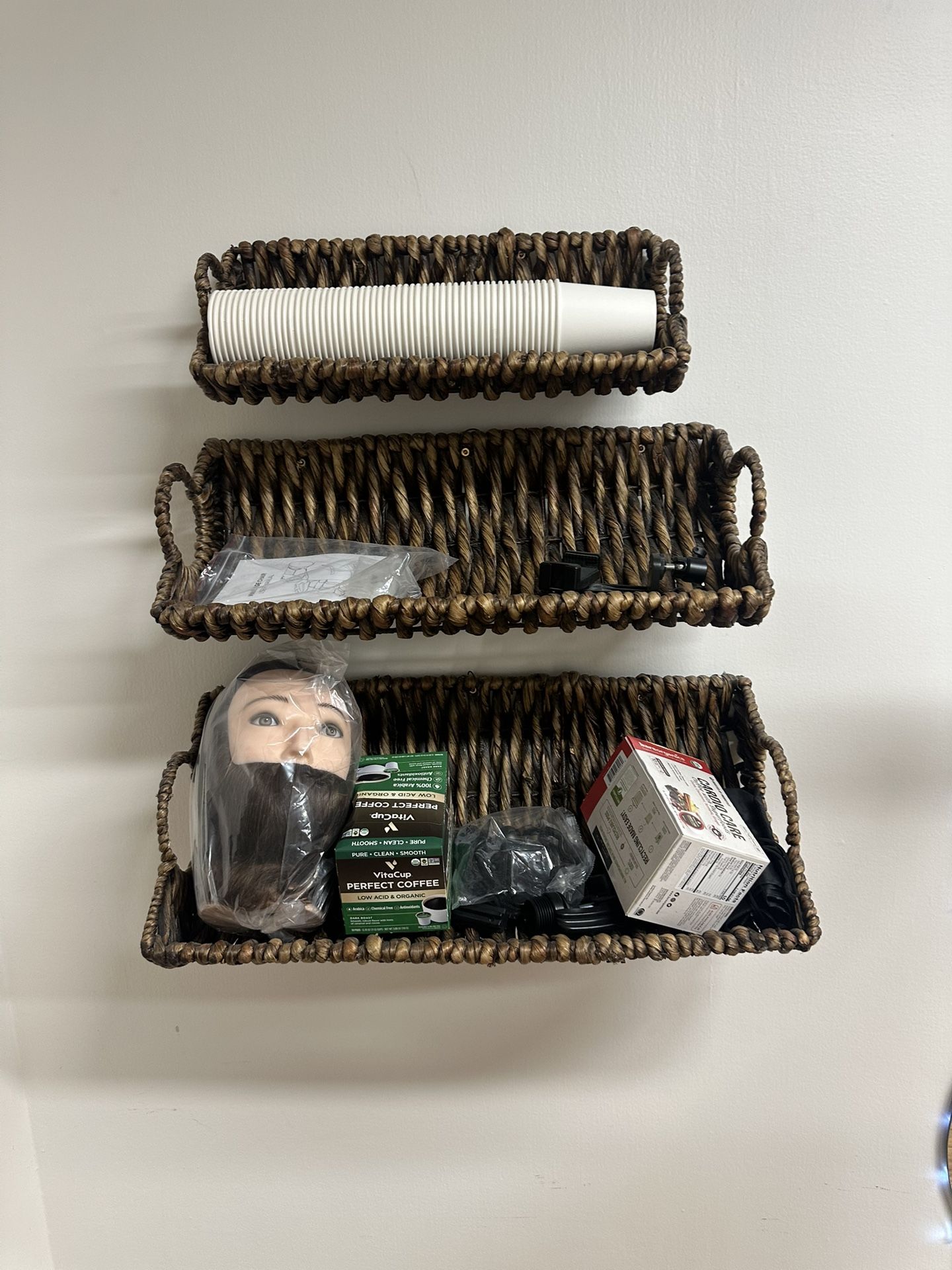 Set of 3 Wall-Mounted Woven Storage Baskets