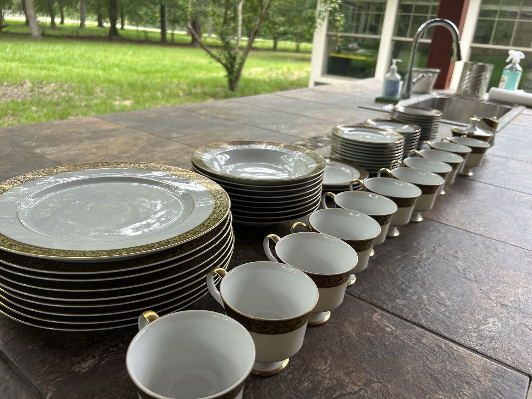 Sango white and gold china, Japan HAMPTON 3758, 66 piece dinnerware set