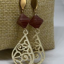 Gold Plated Purple Glass Bead Earrings 