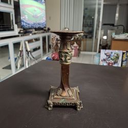 Vintage Mid-century Footed Pillar, Votive Or Taper Candlestick Metal Resin Bronze Gold Verdigris 8.25" Tall 