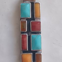 Amazing Vtg.Mexico Sterling Silver Turquoise, Coral,ect.pendant